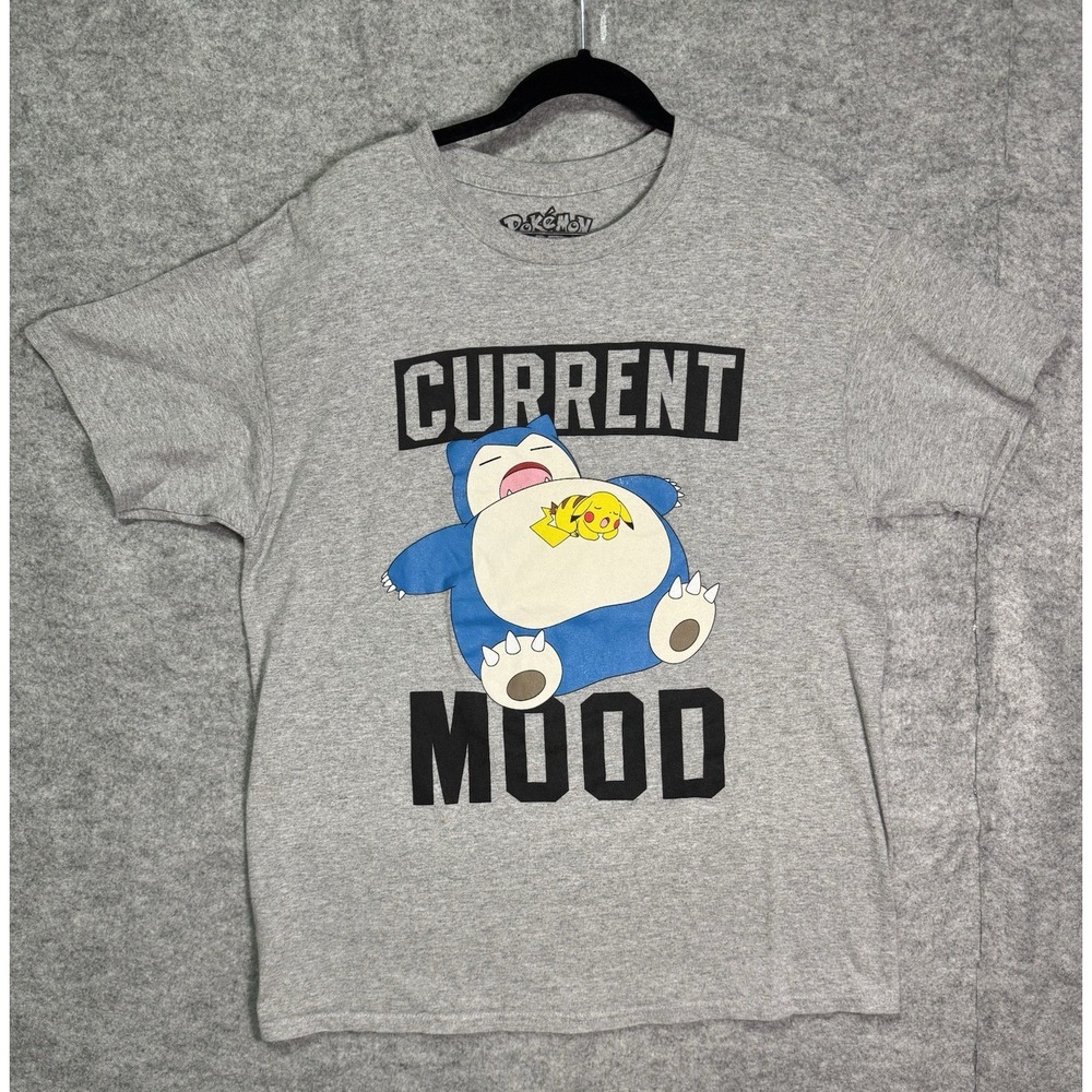 Pokémon Pikachu Snorlax "Current Mood" Gray Graphic T-Shirt Men's Size L Tagless